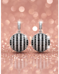 Chic Striped Spherical Dangle Earrings: Black & White Brilliance in 925 Sterling Silver.